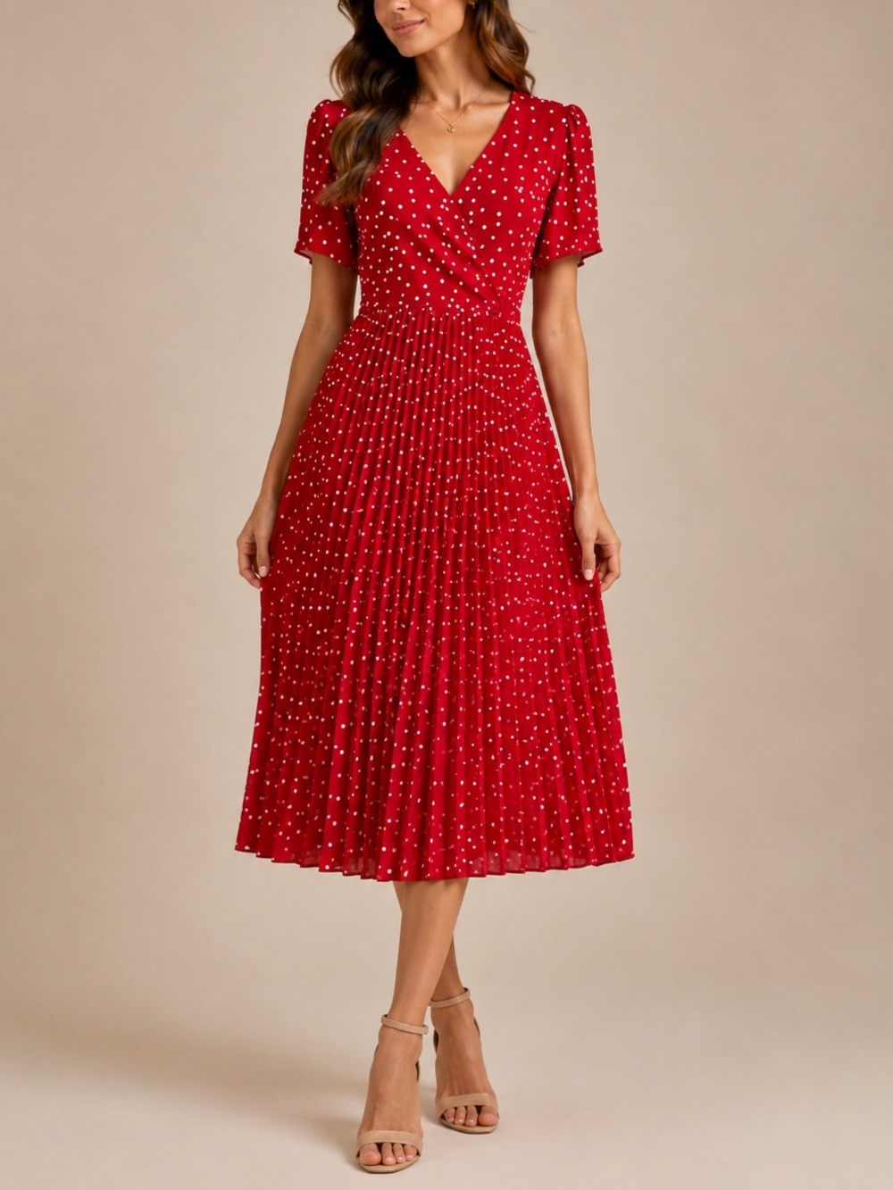 Lark & Grey Red Polka Dot Pleated Midi Dress Retro Pinup Cottagecore M